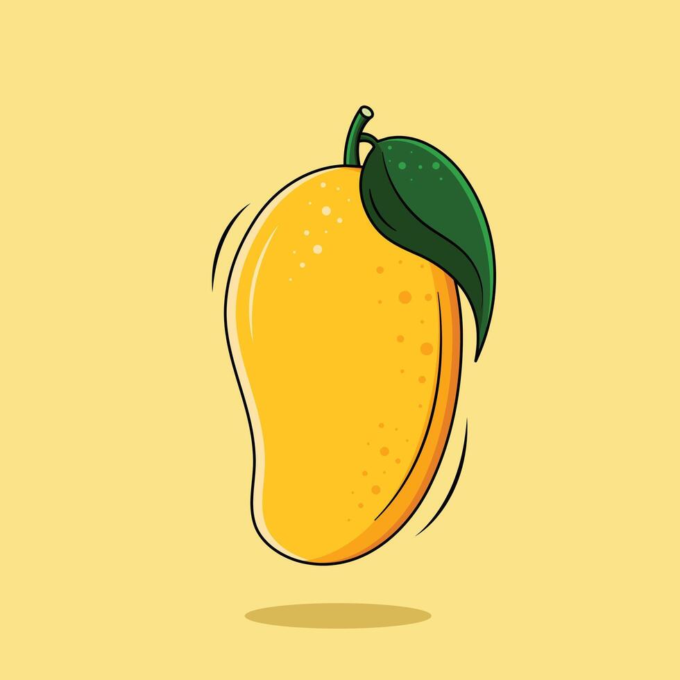 Fresh Yellow Mango Whole Juicy Mango With Green Mango Leaf On Yellow Background, Vector Illustration