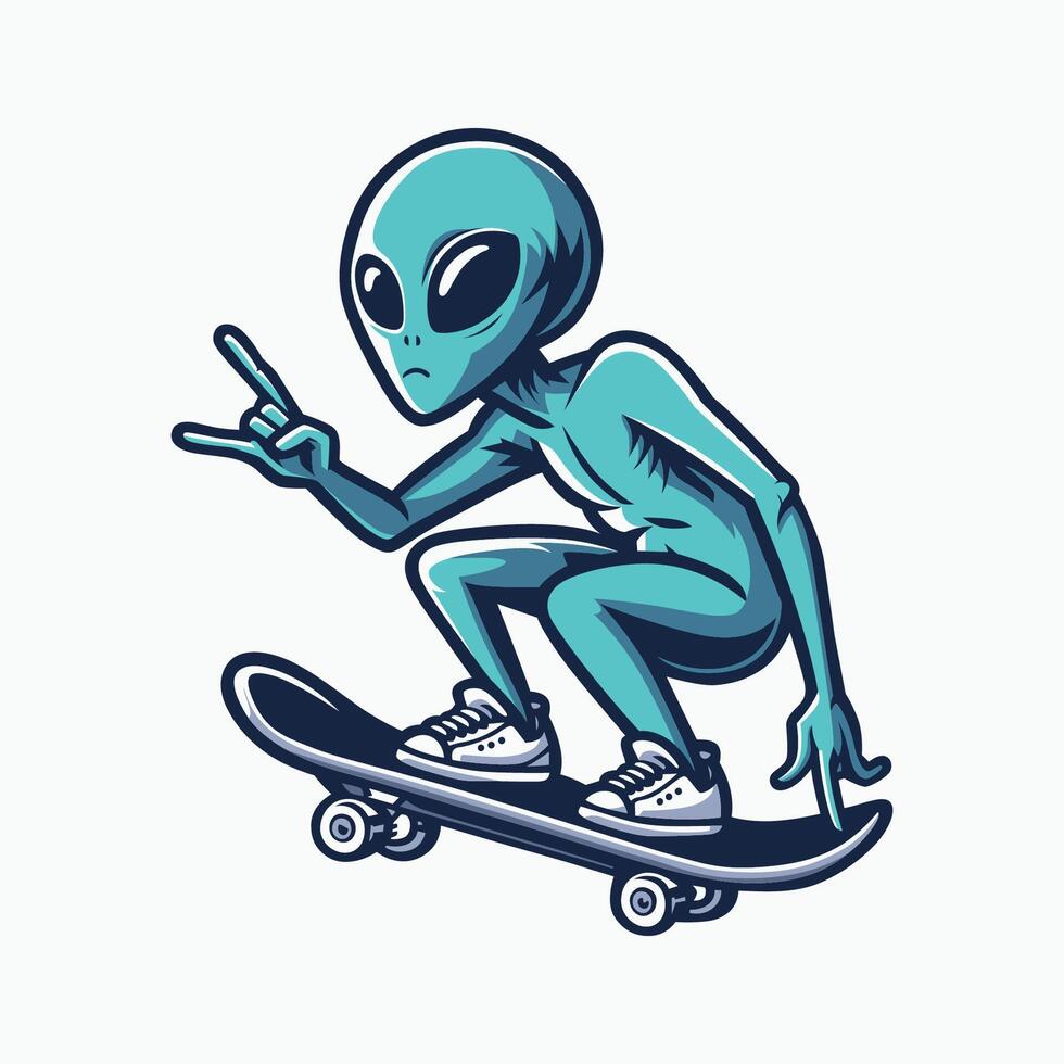 cartoon alien riding a skateboard. isolated green alien skateboarding, illustration for tee t shirt vector