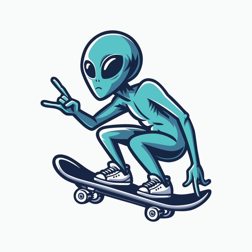 dibujos animados extraterrestre montando un patineta. aislado verde extraterrestre andar en patineta, ilustración para tee t camisa vector