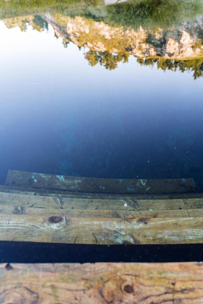 steps under water. The staircase below is hidden under the water. Lake emptied the stairs. Reflection. deeply drowned down photo