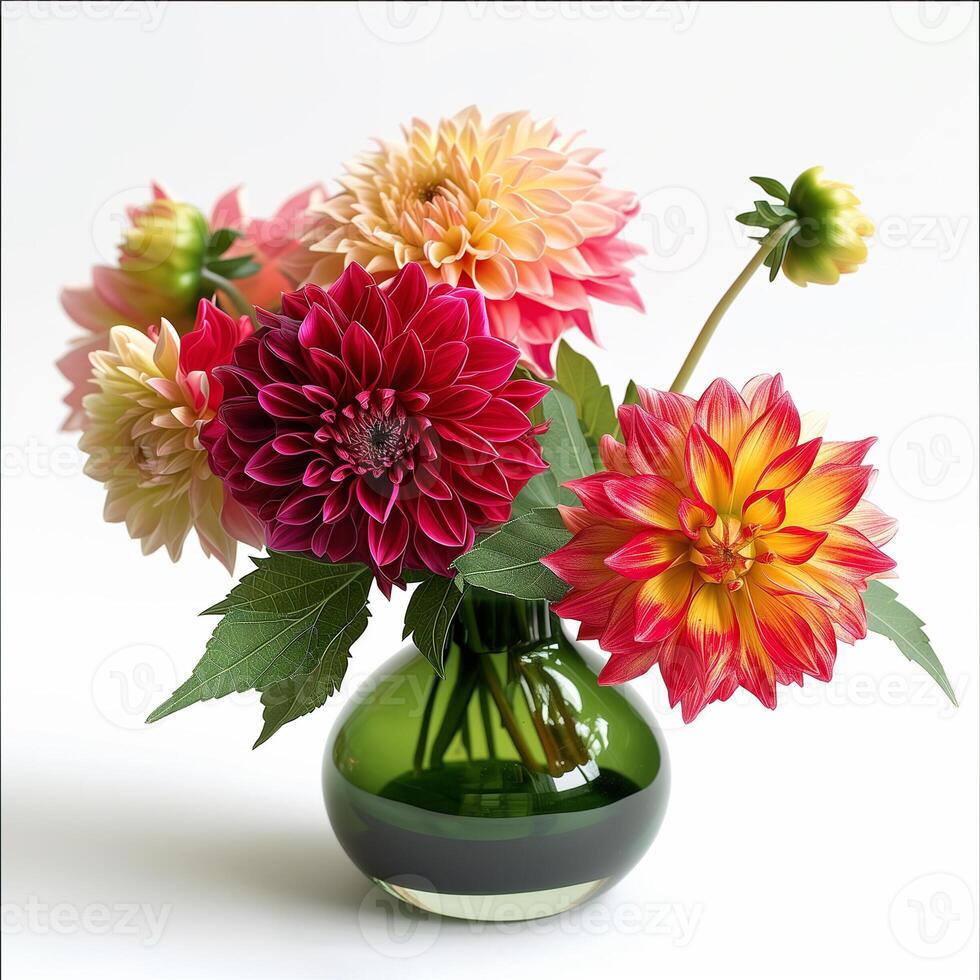 AI generated Colorful Dahlia Bouquet in Green Vase photo