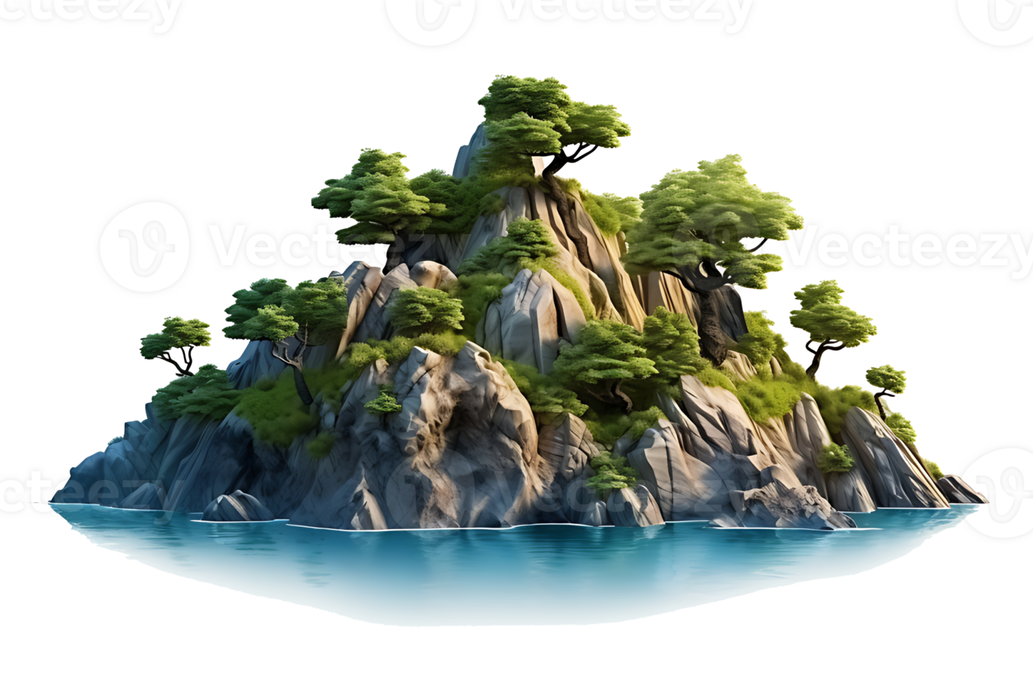 AI generated Mountain trees on beautiful sea islands and isolated stones on PNG background