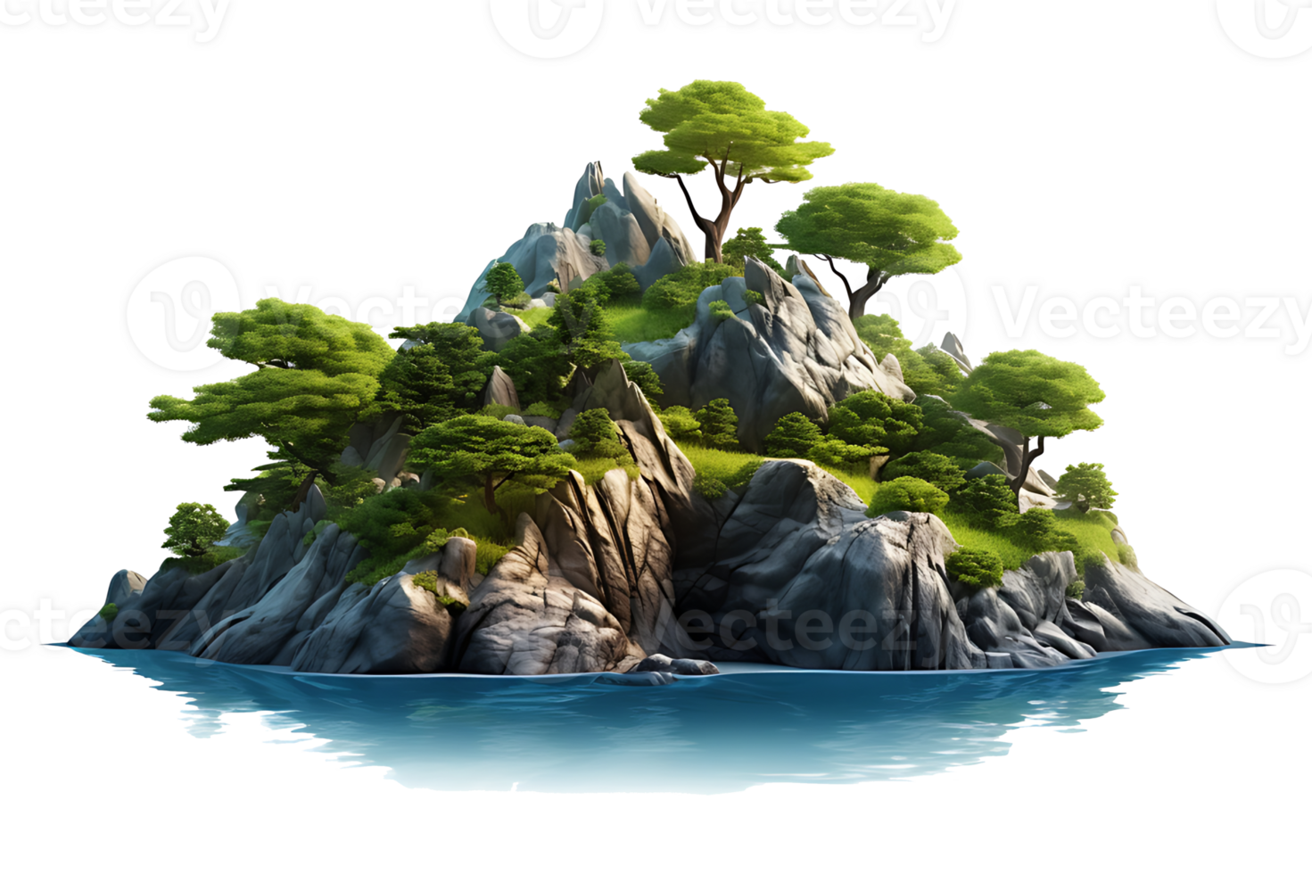 AI generated Mountain trees on beautiful sea islands and isolated stones on PNG background