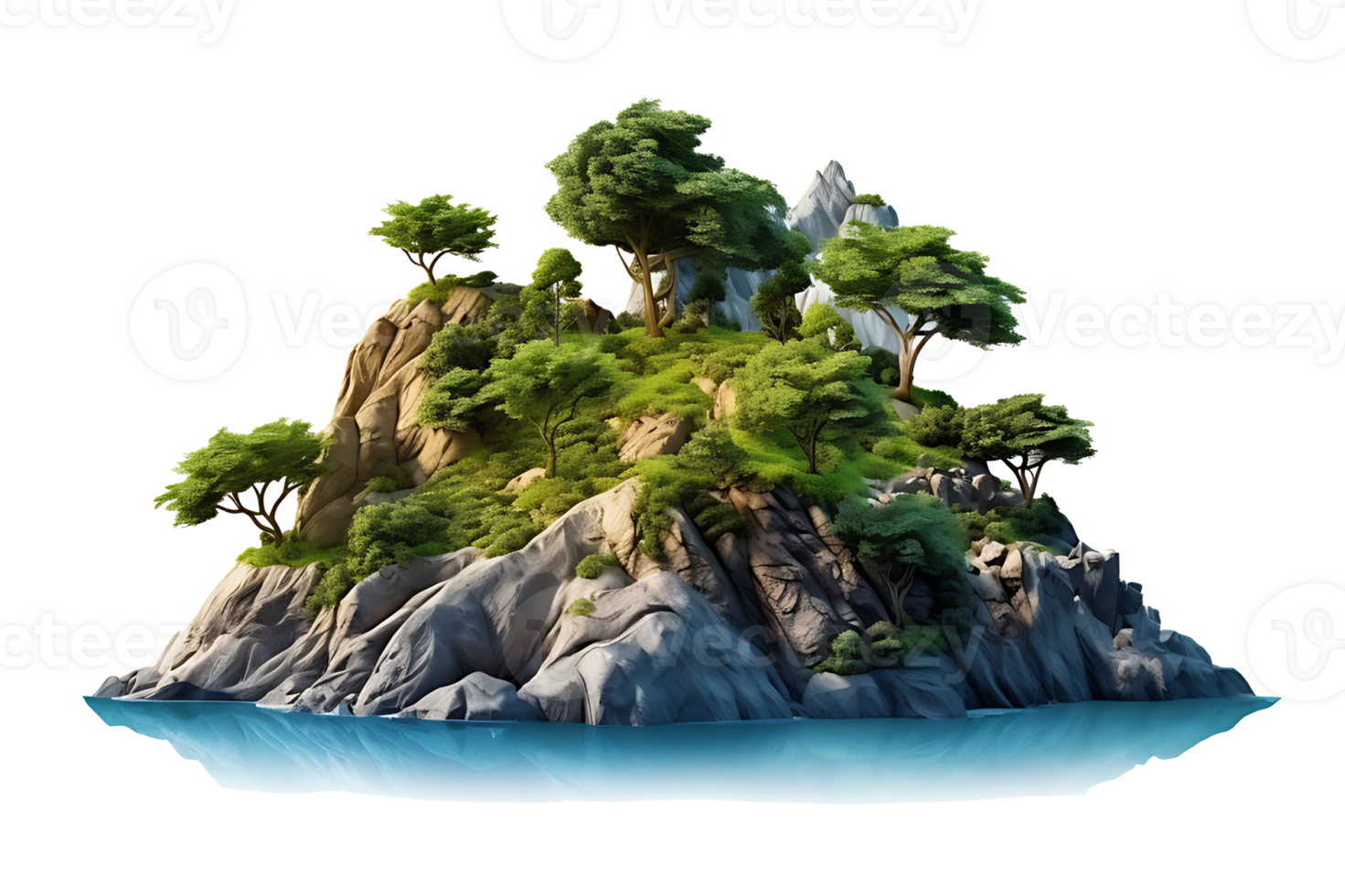 AI generated Mountain trees on beautiful sea islands and isolated stones on PNG background