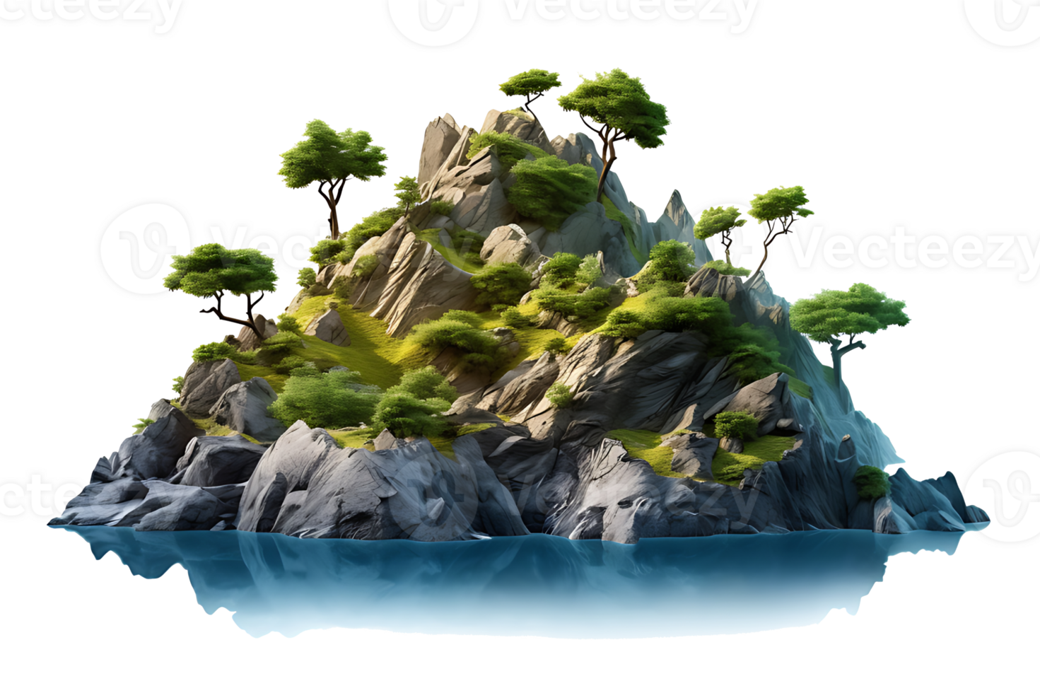 AI generated Mountain trees on beautiful sea islands and isolated stones on PNG background