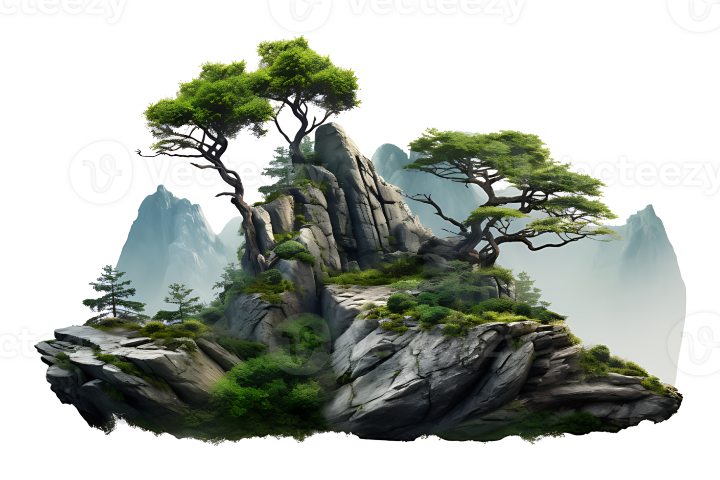 AI generated Mountain trees on beautiful sea islands and isolated stones on PNG background