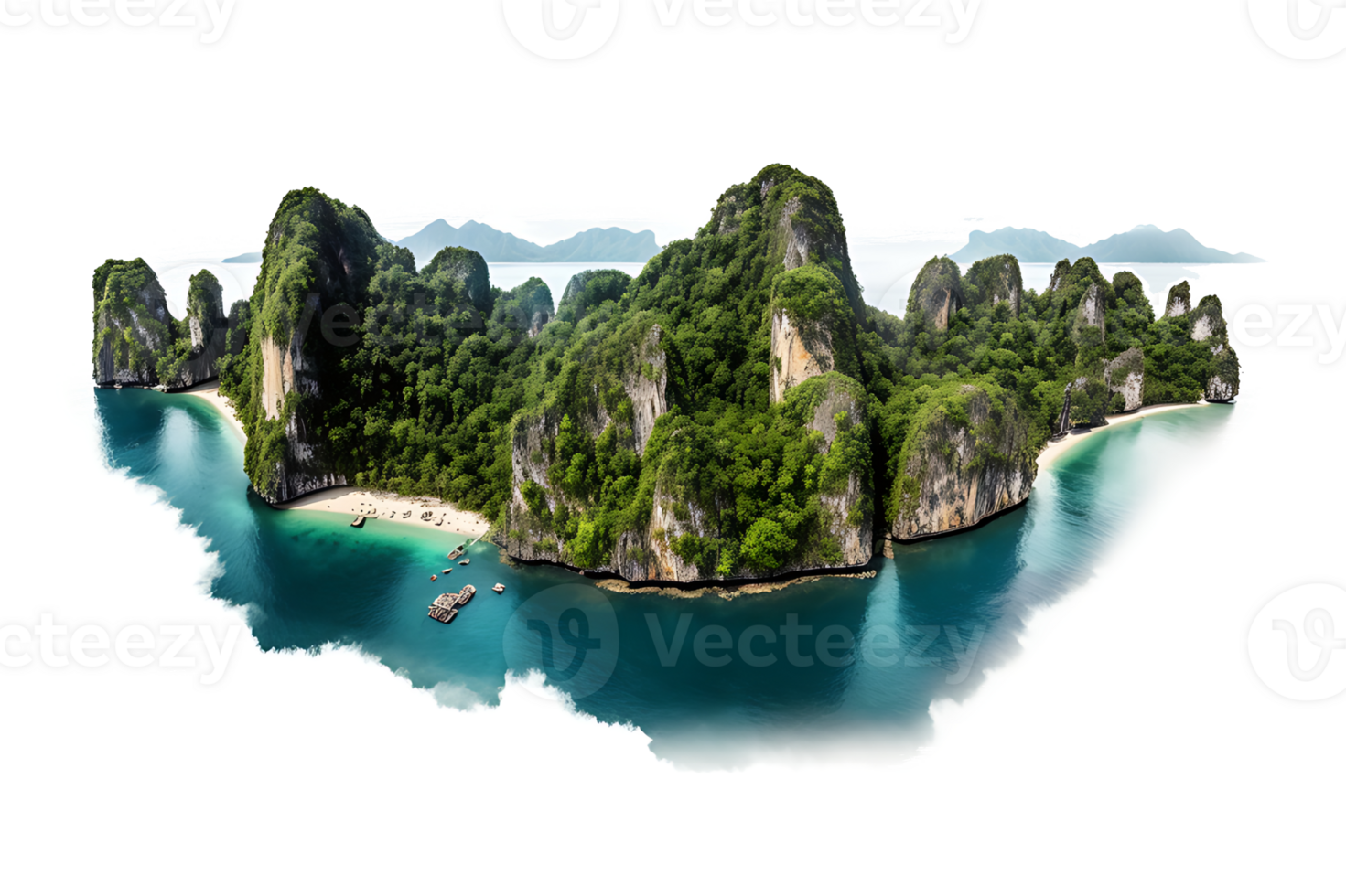 AI generated Mountain trees on beautiful sea islands and isolated stones on PNG background