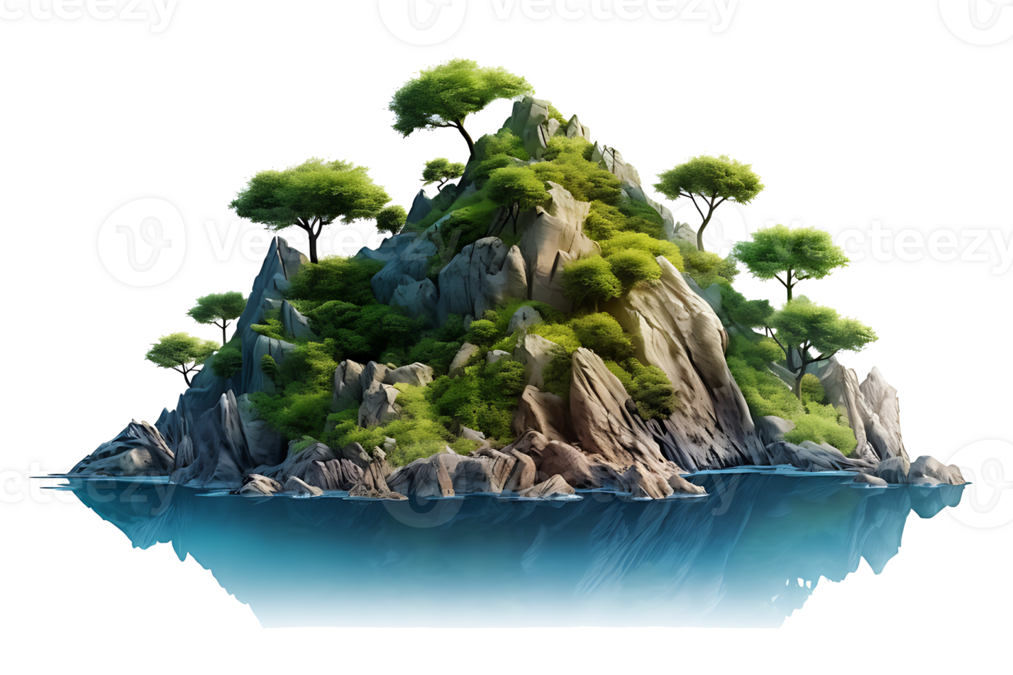 AI generated Mountain trees on beautiful sea islands and isolated stones on PNG background