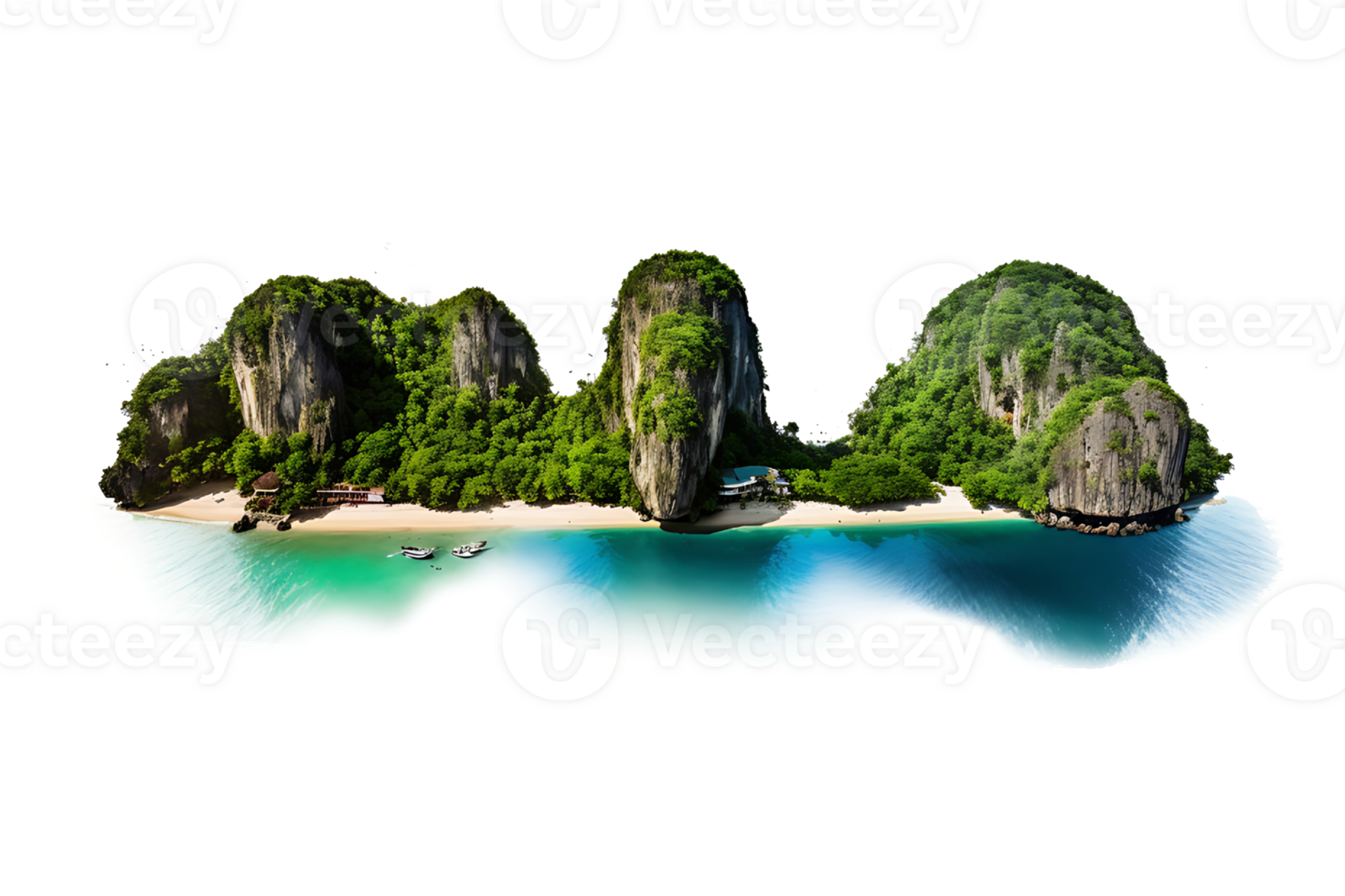 AI generated Mountain trees on beautiful sea islands and isolated stones on PNG background