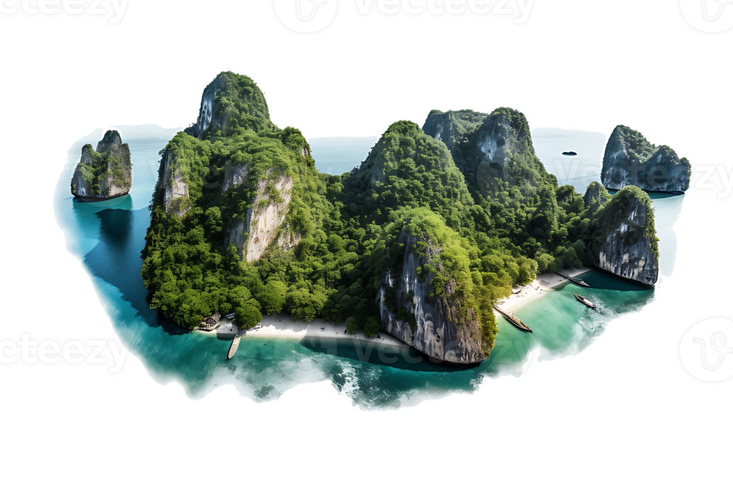 AI generated Mountain trees on beautiful sea islands and isolated stones on PNG background