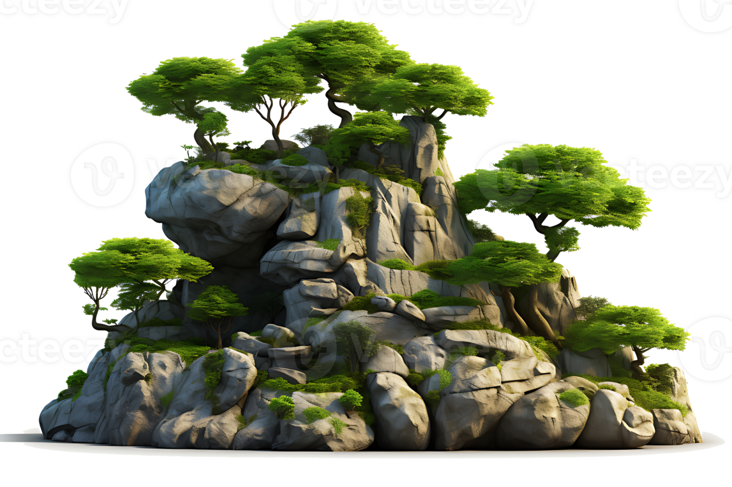 AI generated Mountain trees on beautiful sea islands and isolated stones on PNG background
