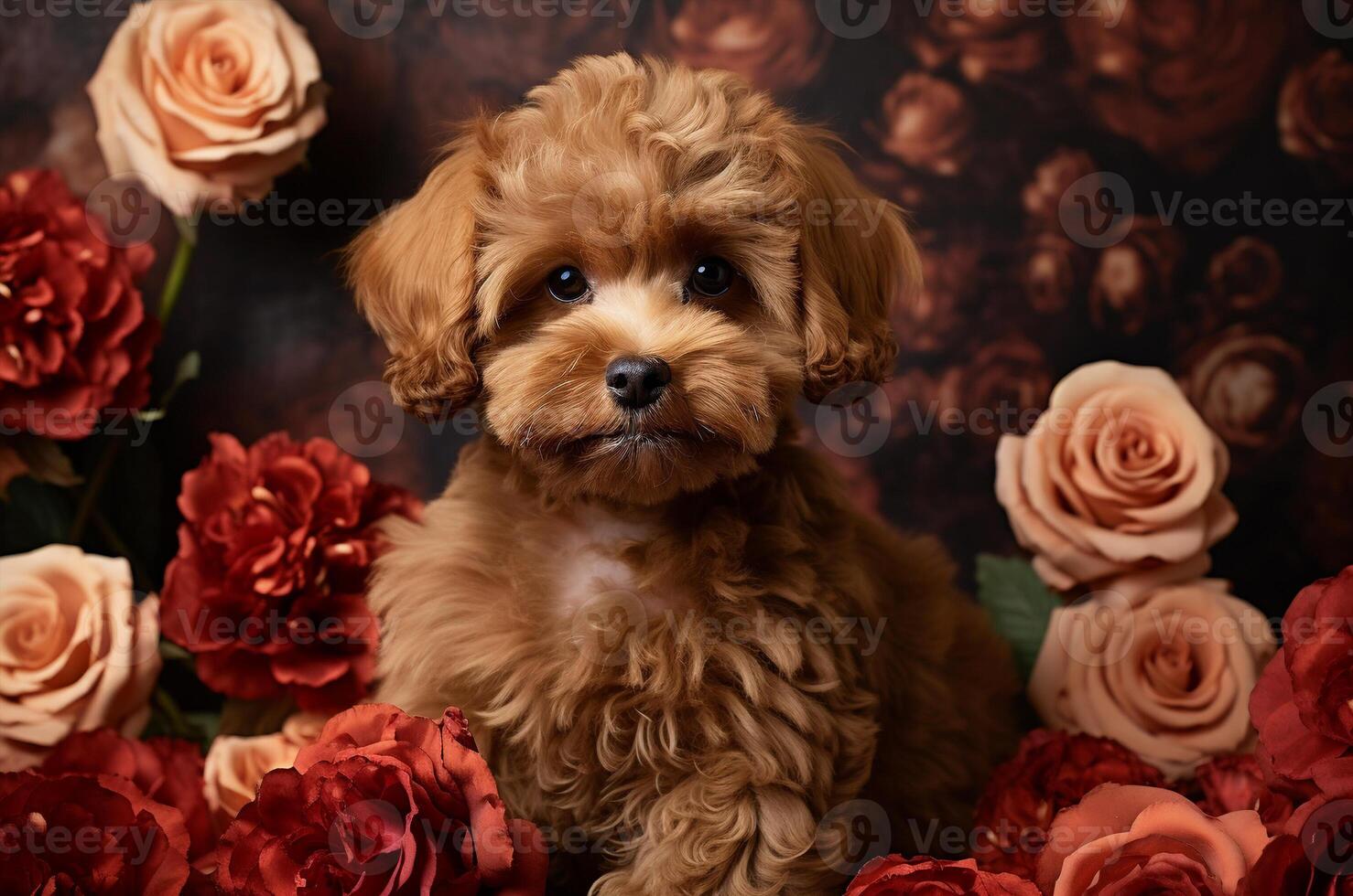 AI generated Beautiful brown multipoo puppy posing at a photo shoot with flowers. Postcard for March 8