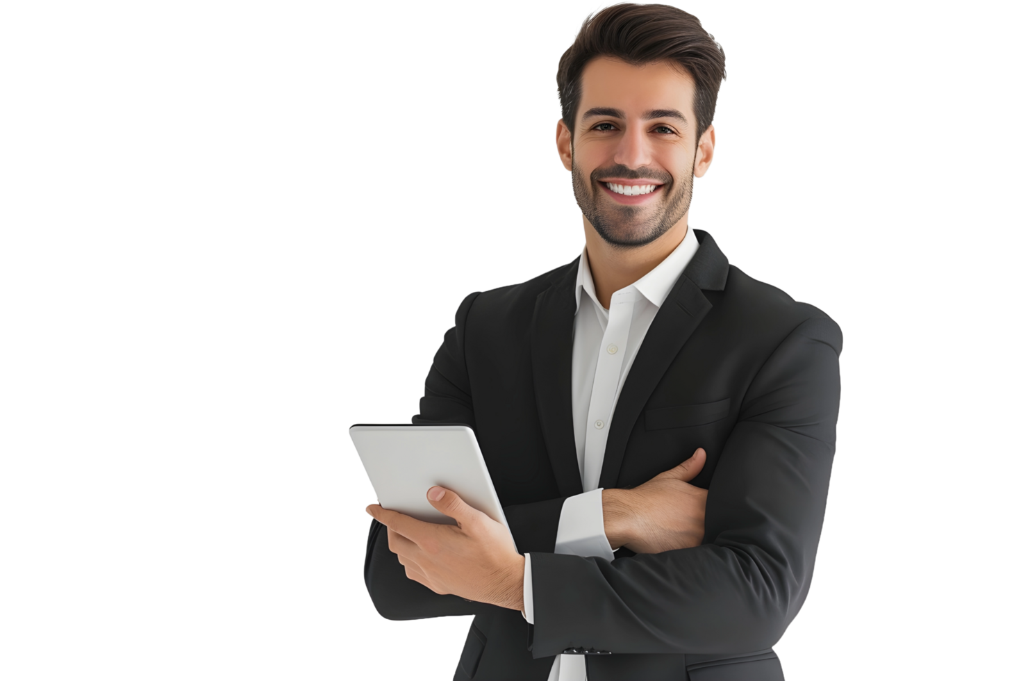 AI generated a man in a suit holding a tablet computer png