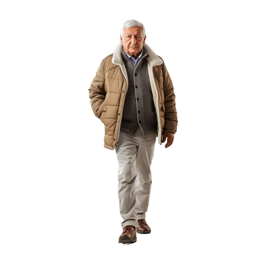 AI generated senior man walking on transparent background png