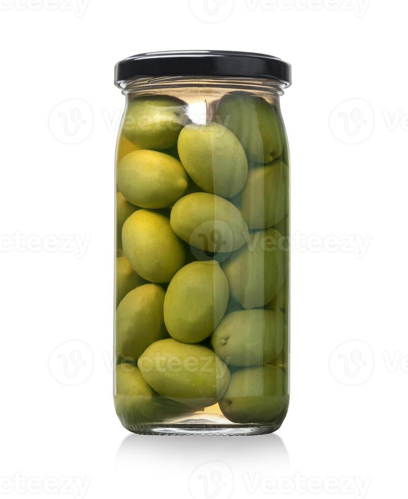 Green olives jar on a white background photo