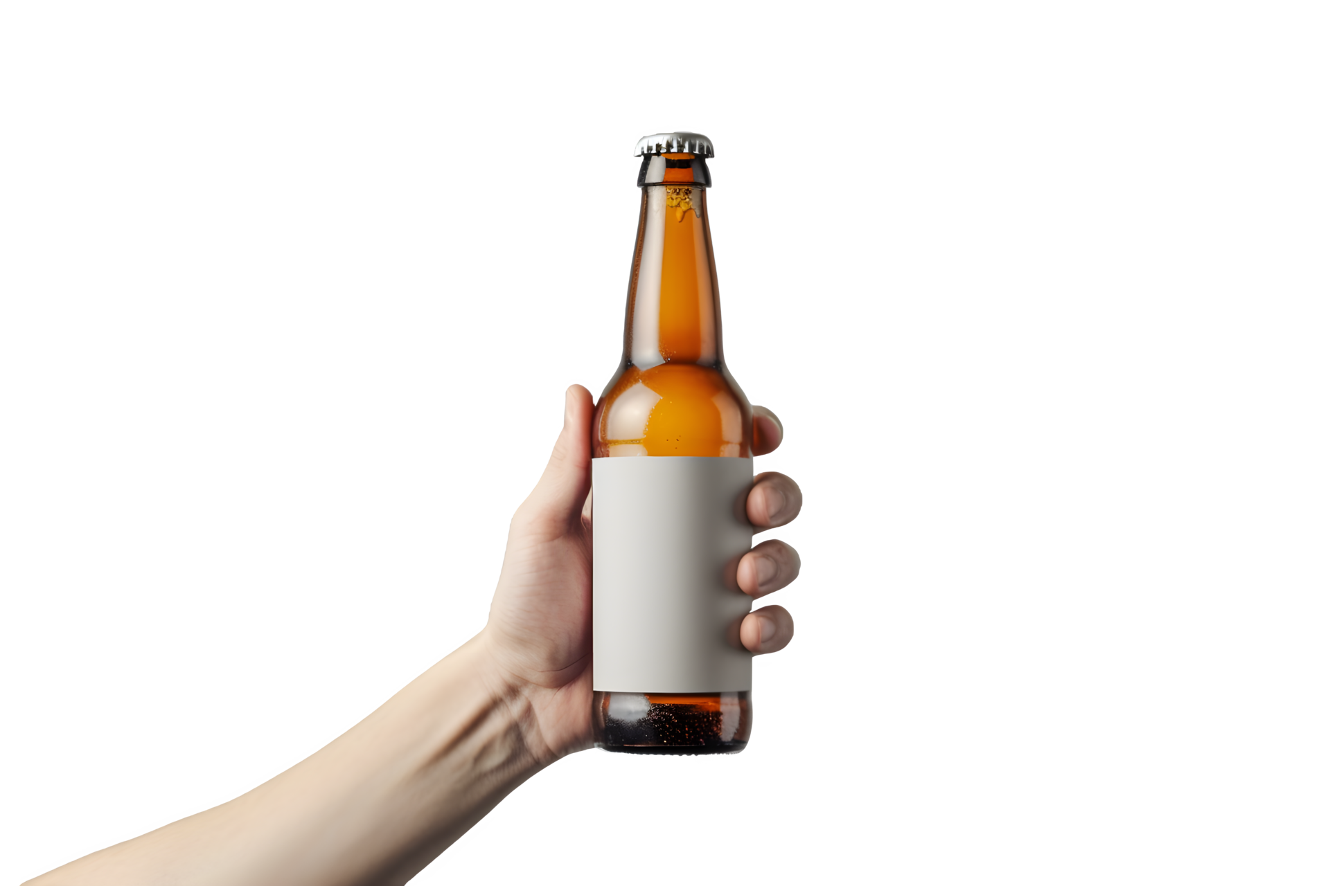 AI generated hand holding empty beer bottle mockup on transparent