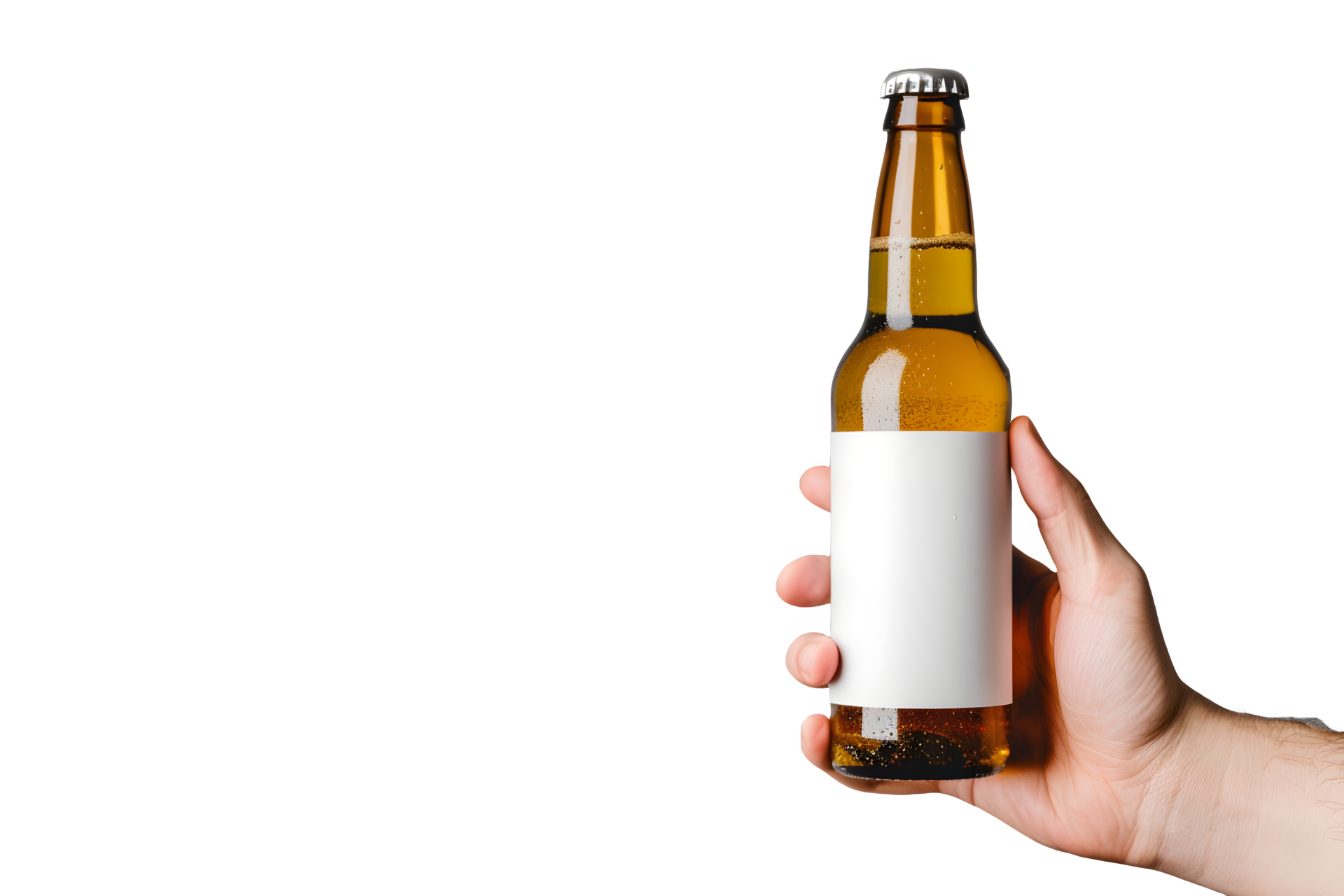 AI generated hand holding empty beer bottle mockup on transparent