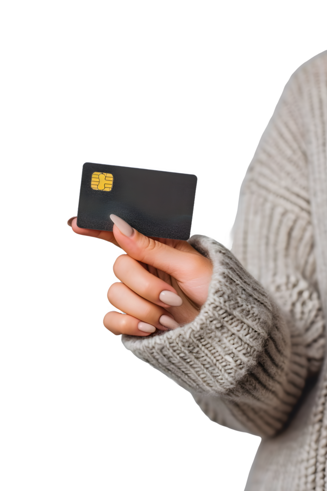 AI generated woman holding a credit card isolated on transparent  background png