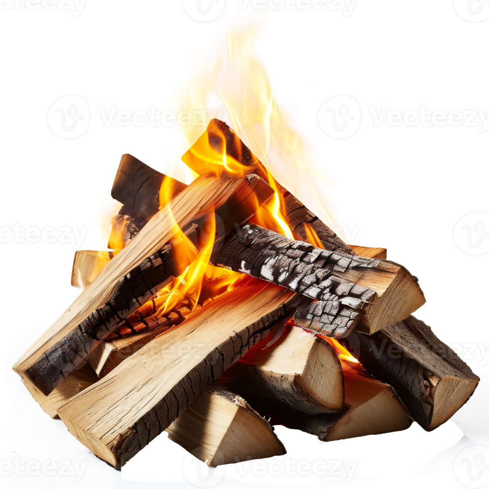 AI generated firewood being burned by fire on a transparent background png