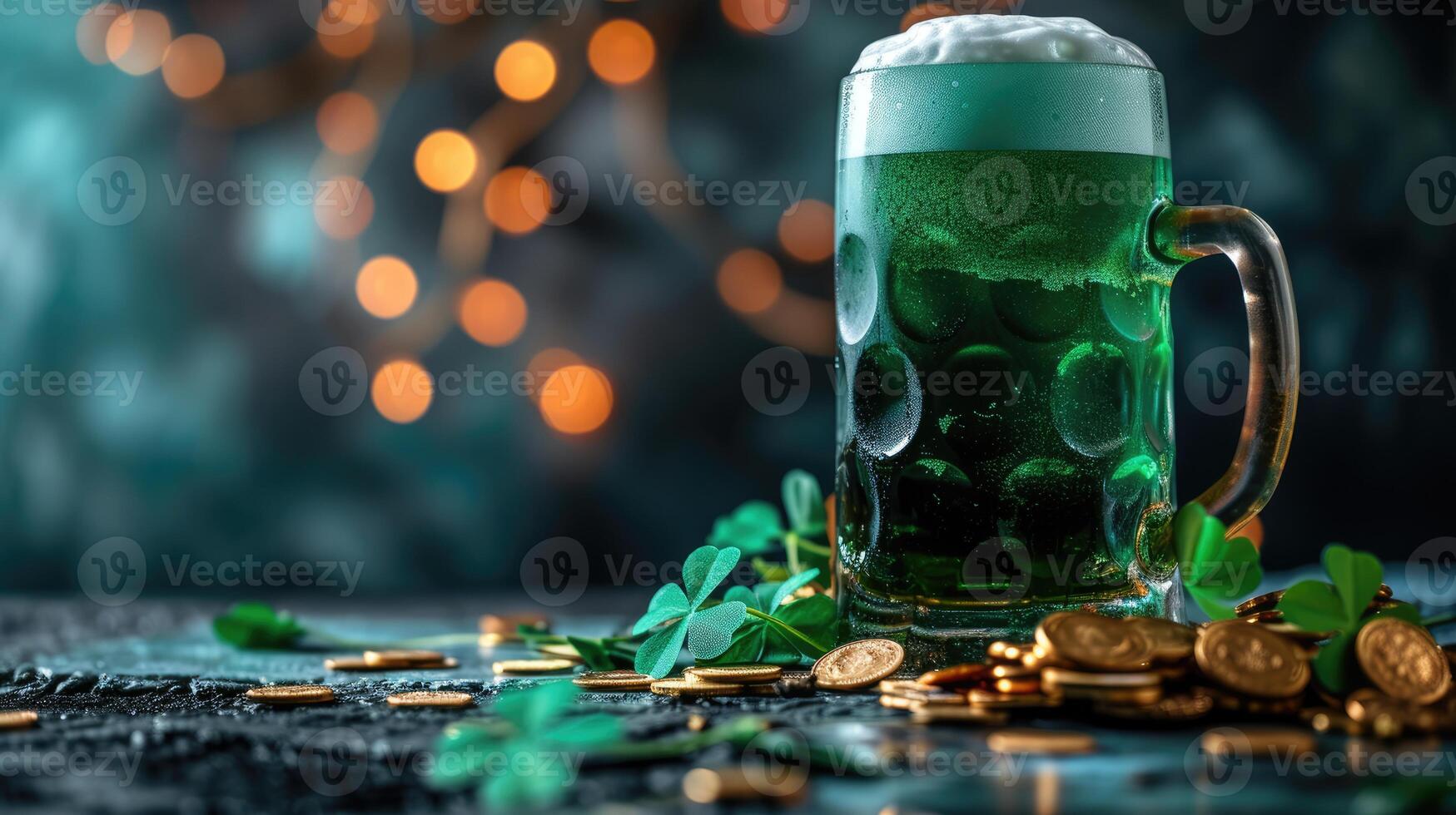 ai generado verde cerveza, oro monedas y trébol, símbolos de S t. patrick's día celebracion, con espacio para texto, Felicidades foto