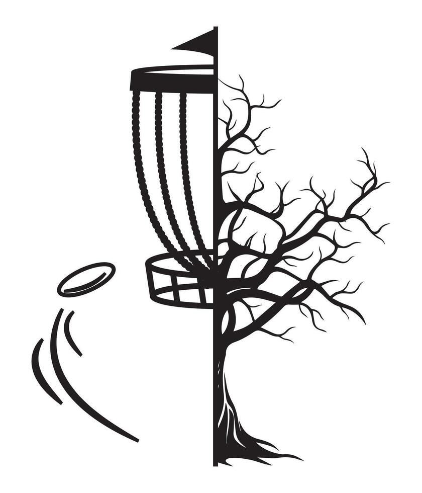 disc golf basket and tree silhouette vector illustration