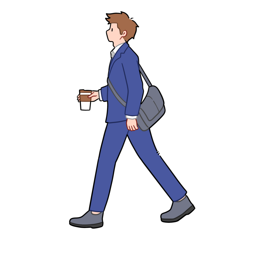 Mitarbeiter geht zu Arbeit halten Kaffee Clip Art png