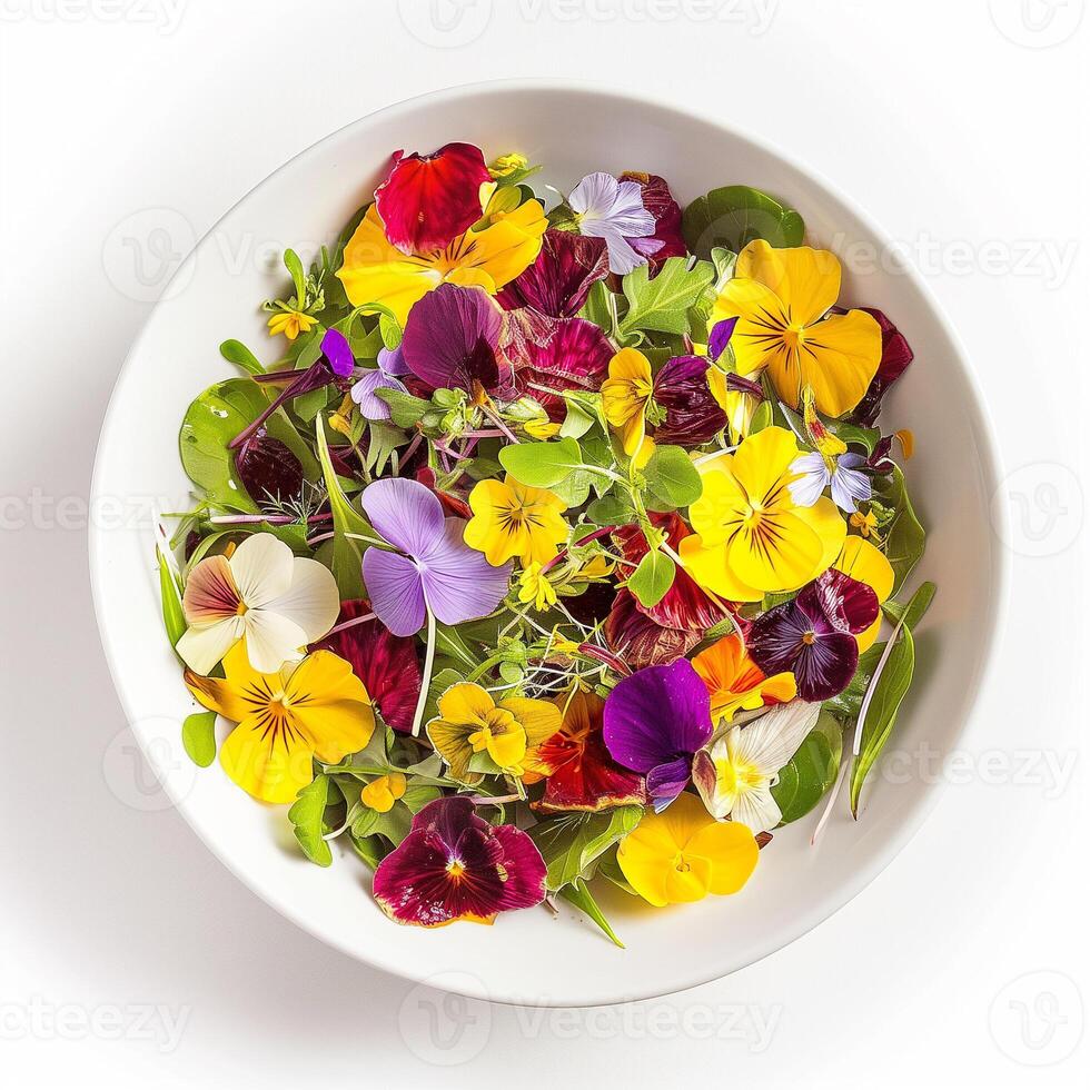 AI generated A bowl of edible flower petal salad with a drizzle of lemon vinaigrette top view isolated on a transparent background photo