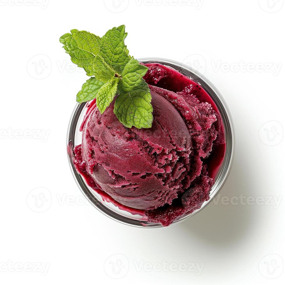 AI generated A cup of acai berry sorbet with a mint sprig top view isolated on a transparent background photo