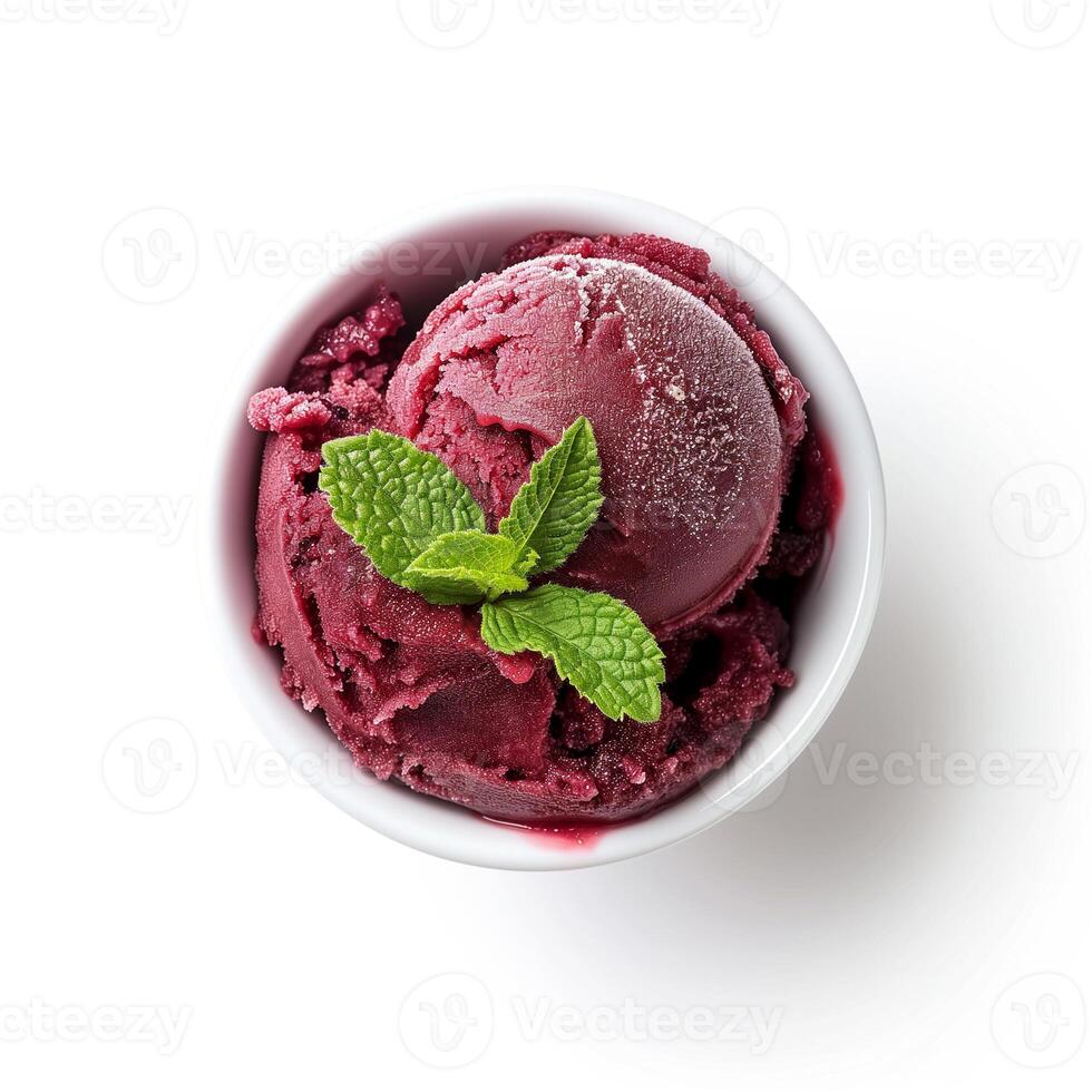 AI generated A cup of acai berry sorbet with a mint sprig top view isolated on a transparent background photo