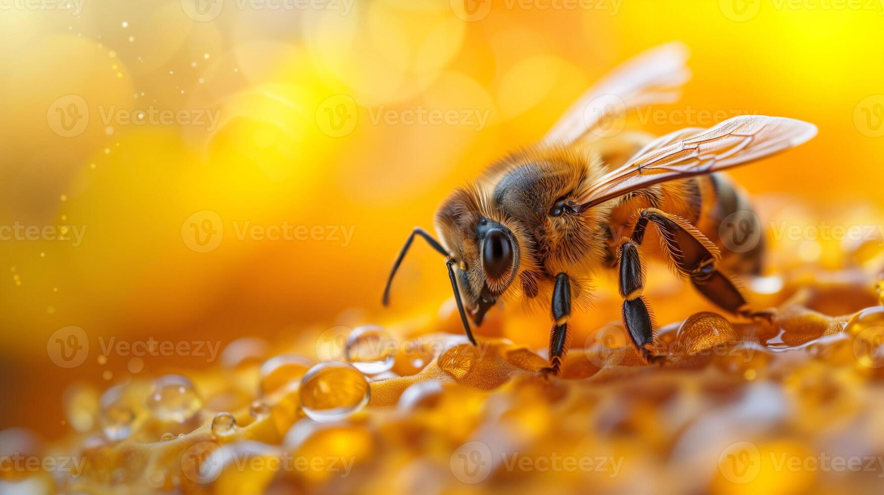 ai generado abeja polinización, panal Rocío relucir cerca arriba foto