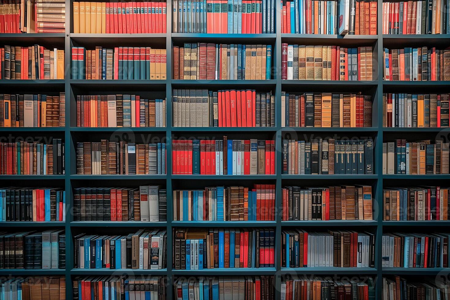 AI generated Color Coordinated Bookshelf in Library Interior photo