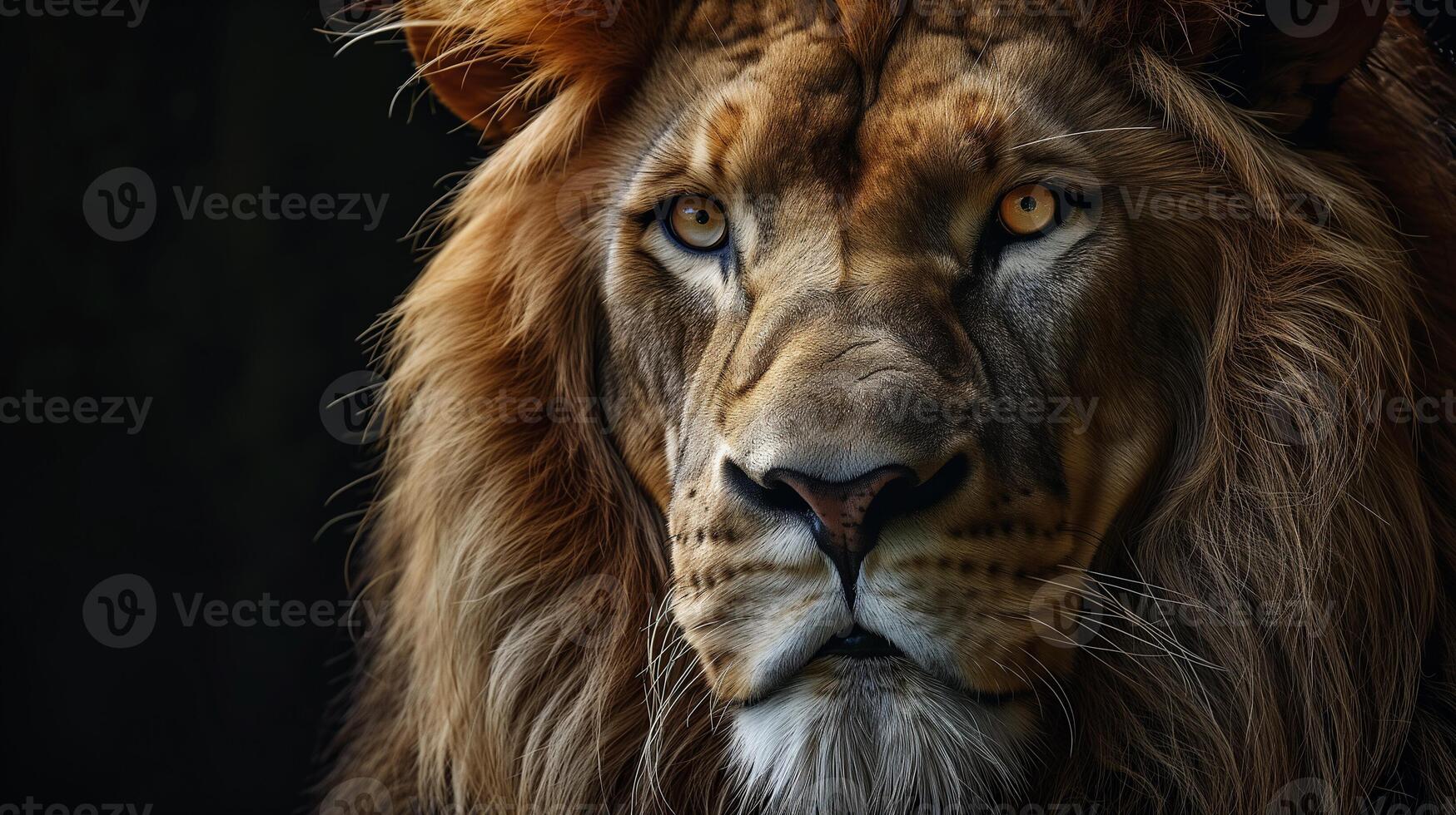 ai generado majestuoso león mirar fijamente, oscuro fondo foto