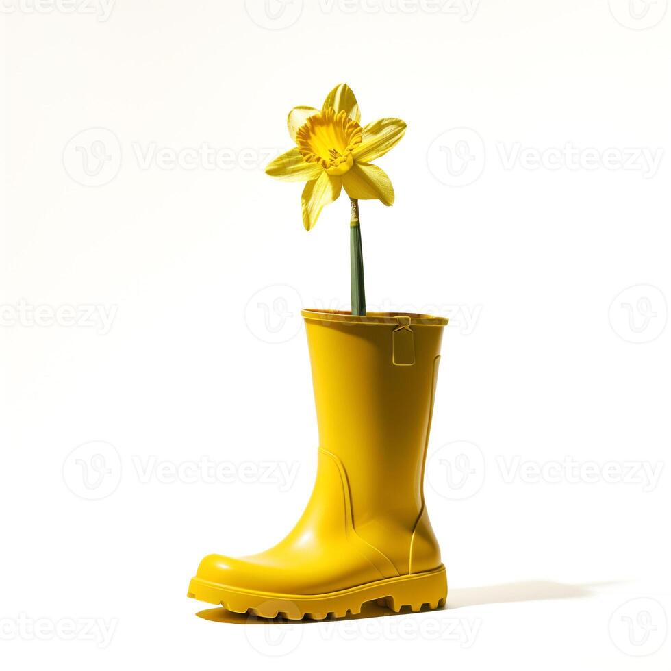 AI generated A minimalist rubber rain boot with a delicate daffodil inside isolated on a transparent background photo