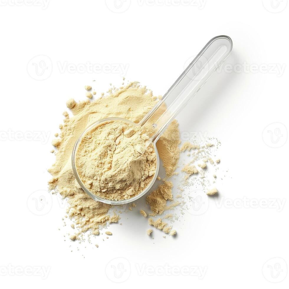 AI generated A packet of organic pea protein powder with a clear measuring scoop top view isolated on a transparent background photo