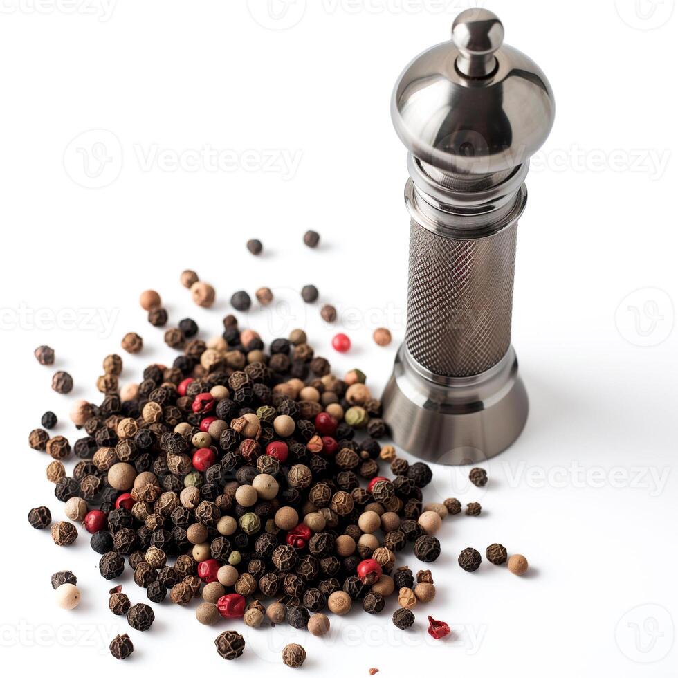 AI generated A designer stainless steel peppermill beside a peppercorn medley isolated on a transparent background photo