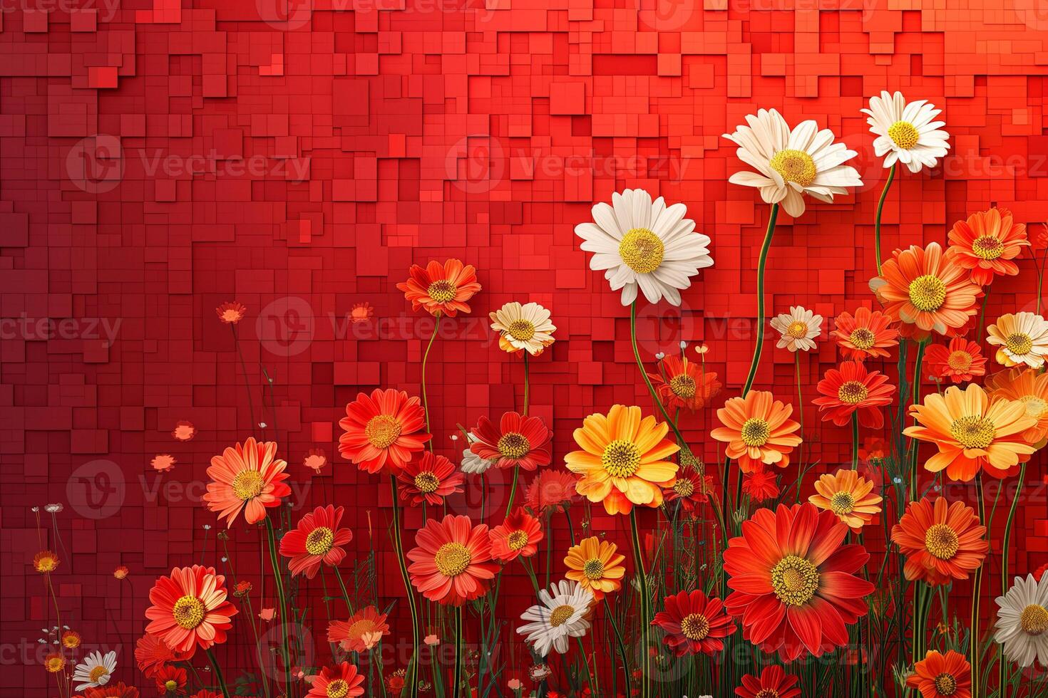 AI generated Gerbera Daisies Bloom on Red Backdrop photo