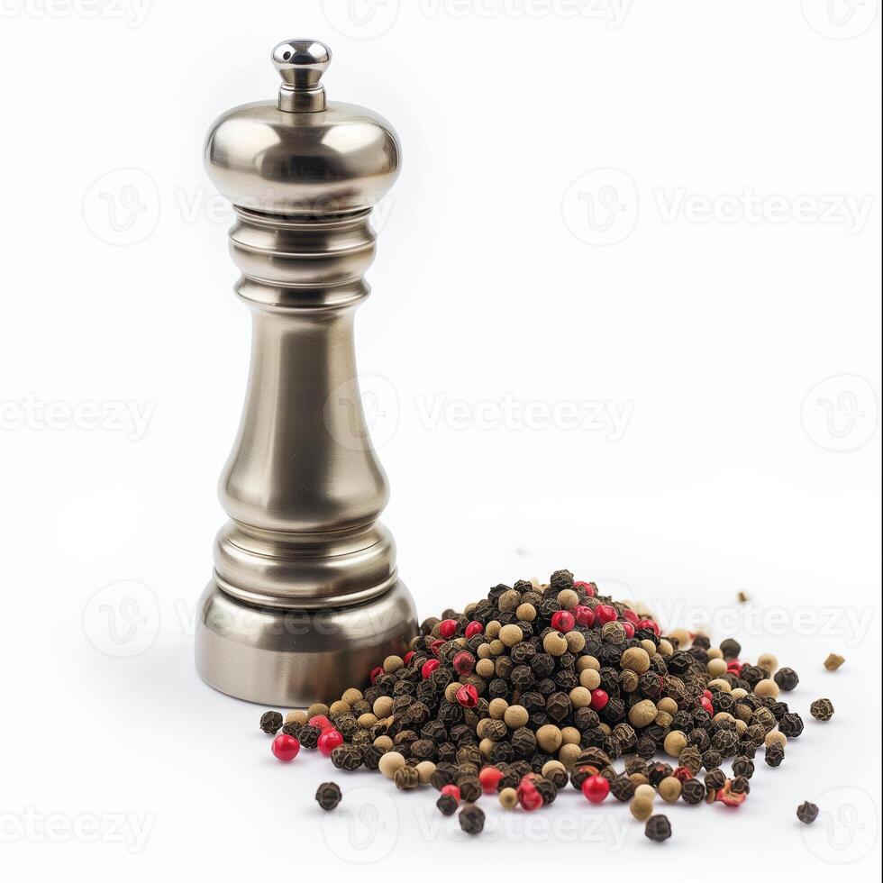 AI generated A designer stainless steel peppermill beside a peppercorn medley isolated on a transparent background photo