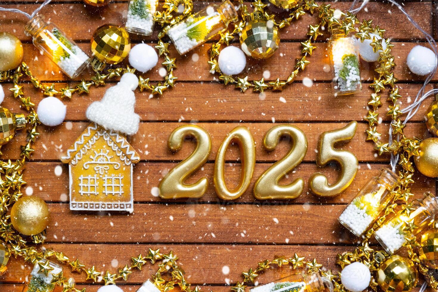 House key with tiny figure of home mock up on festive brown wooden background, lights of garlands. New Year 2025 wooden letters, greeting card. Purchase, construction, relocation, mortgage, insurance photo