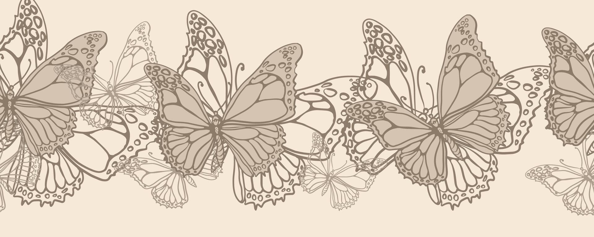 Leaves, butterflies and flowers. Hand-drawn graphics in beige shades. Seamless patterns for fabric and packaging design. vector