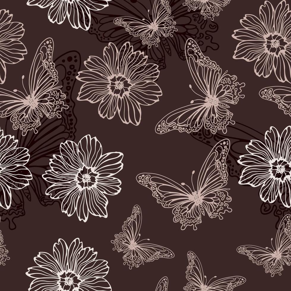 Leaves, butterflies and flowers. Hand-drawn graphics in beige shades. Seamless patterns for fabric and packaging design. vector