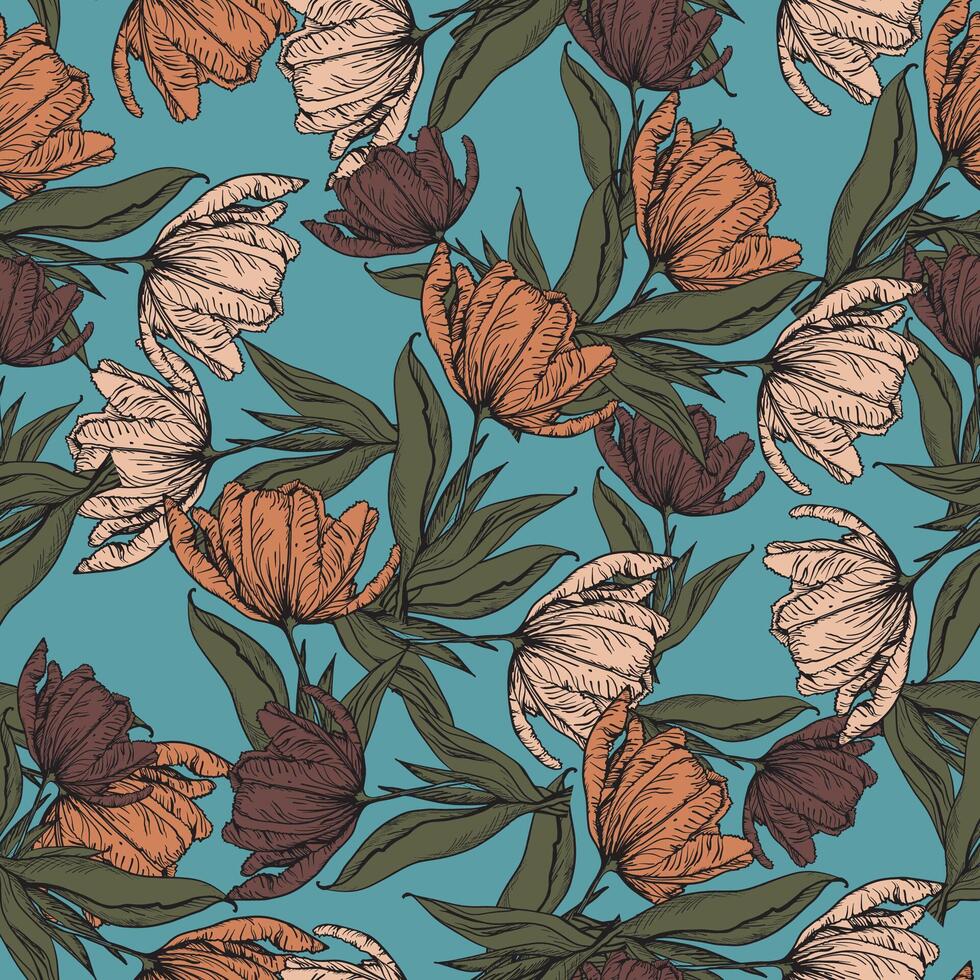 Leaves and flowers. Hand-drawn graphics. Seamless patterns for fabric and packaging design. vector