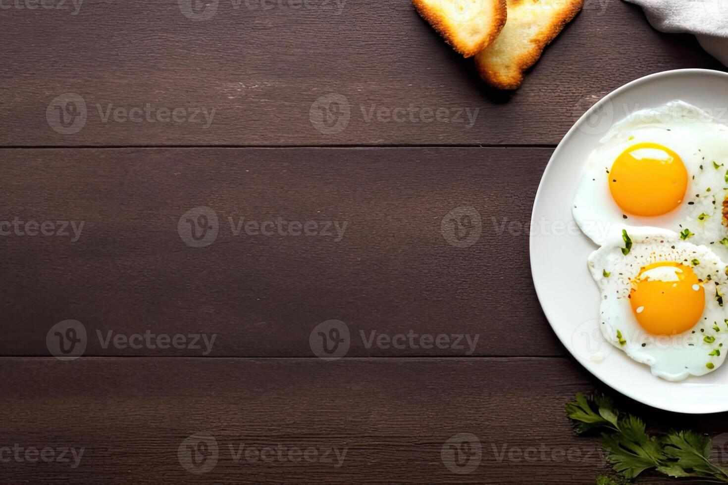 AI generated Fried eggs close up on a white plate with herbs on wooden table with copy space. Traditional delicious breakfast. AI generated photo