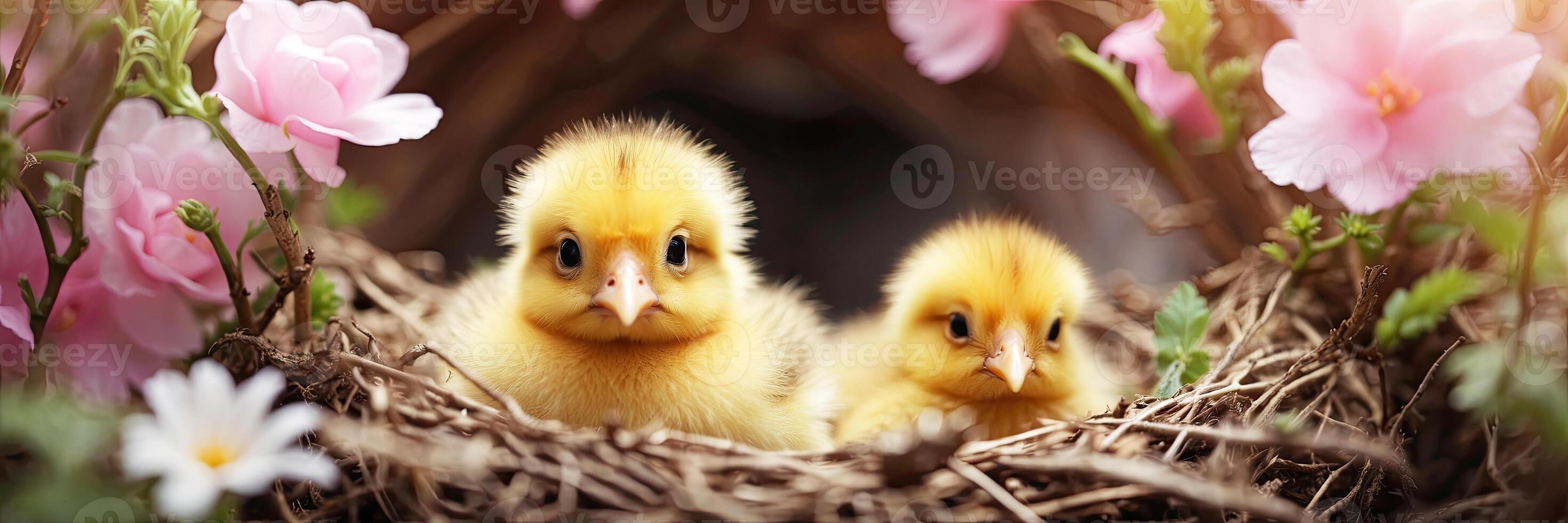 ai generado linda mullido amarillo polluelos en un primavera floreciente nido de leña menuda y flores en naturaleza. primavera tarjeta, primavera tiempo, niños, infancia. ai generado foto