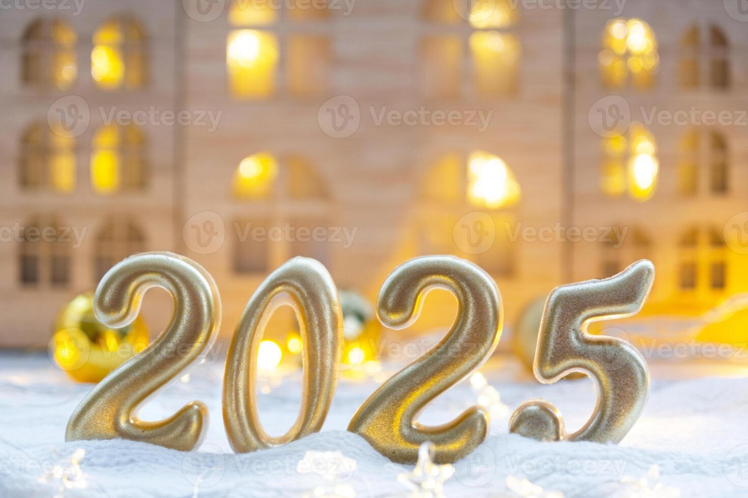 Golden figures number 2025 against the background of cozy windows of a house with warm light with festive decor of stars,snow and garlands. Greeting card, Happy New Year, cozy home photo