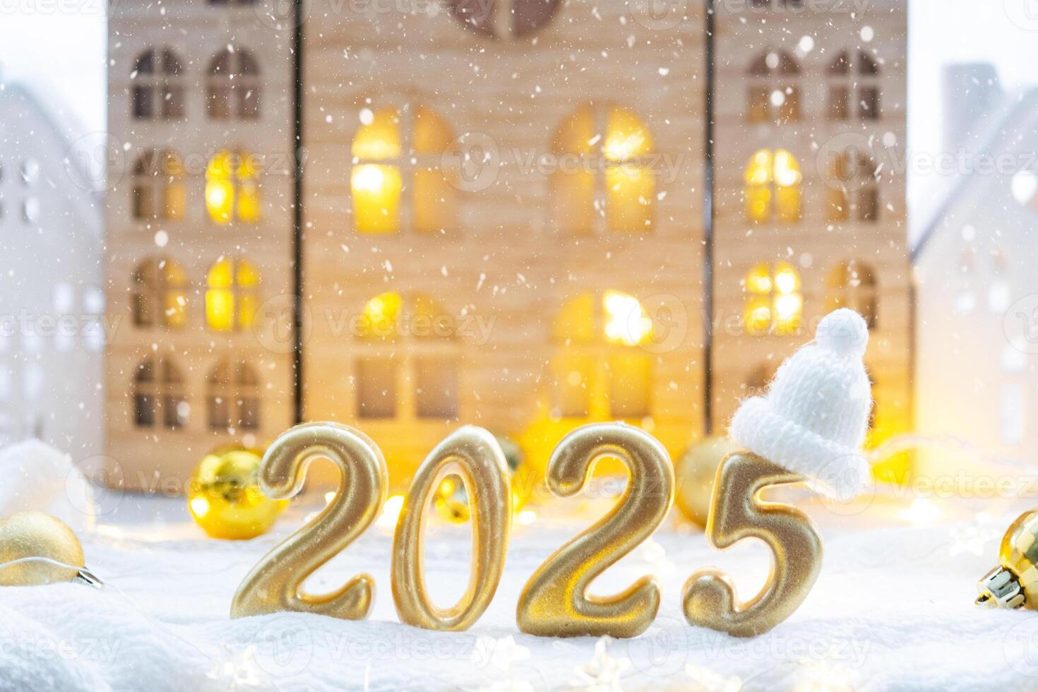 Golden figures number 2025 against the background of cozy windows of a house with warm light with festive decor of stars,snow and garlands. Greeting card, Happy New Year, cozy home photo