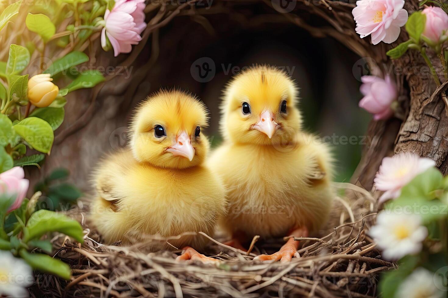 ai generado linda mullido amarillo polluelos en un primavera floreciente nido de leña menuda y flores en naturaleza. primavera tarjeta, primavera tiempo, niños, infancia. ai generado foto