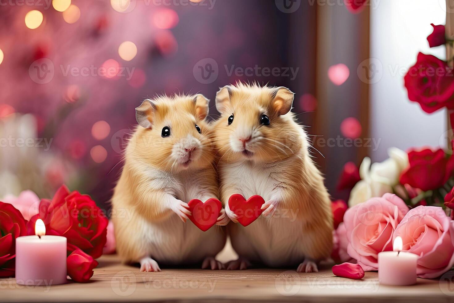 AI generated A cute loving pair of hamsters with red valentine hearts in a romantic Valentine's day decor. Romantic card, love. AI generated photo