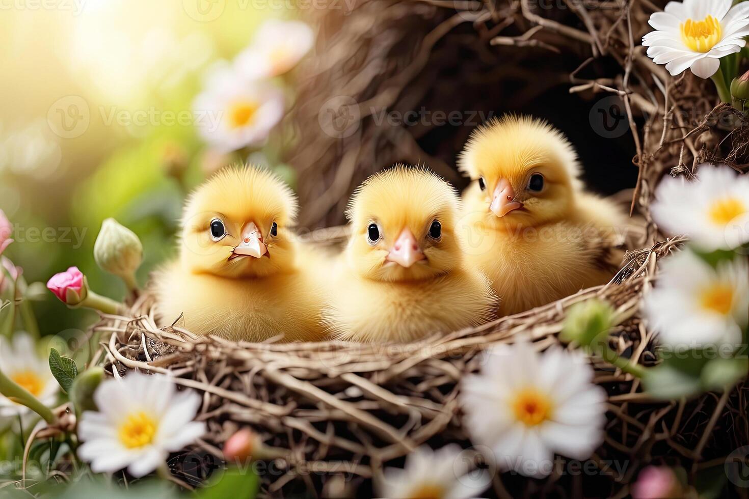 ai generado linda mullido amarillo polluelos en un primavera floreciente nido de leña menuda y flores en naturaleza. primavera tarjeta, primavera tiempo, niños, infancia. ai generado foto