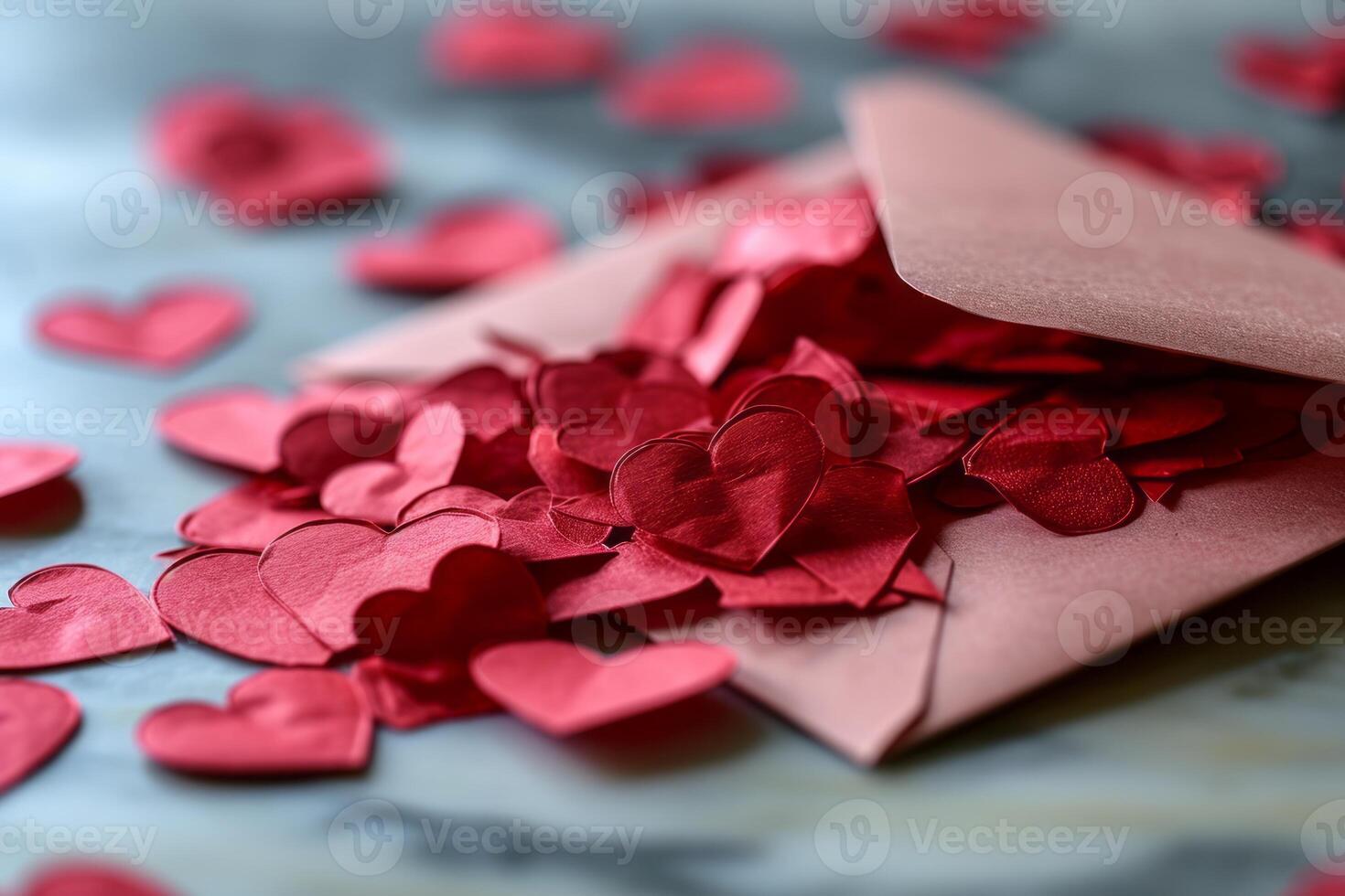 AI generated Envelope with red paper heartsle table, closeup photo