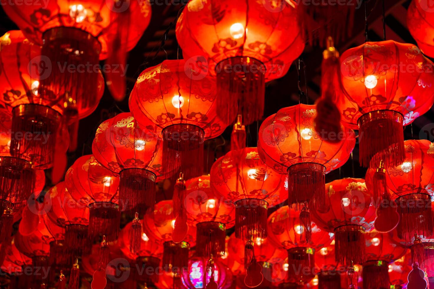 Red lanterns word mean blessing, good health and wealth, get rich decorating for Chinese new year festival. photo